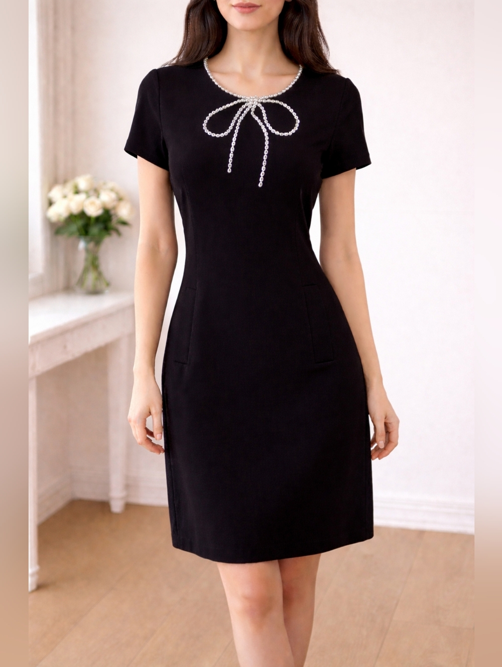 kate spade Black Short Sleeve Shift Dress with Crystal Bow Trim US8